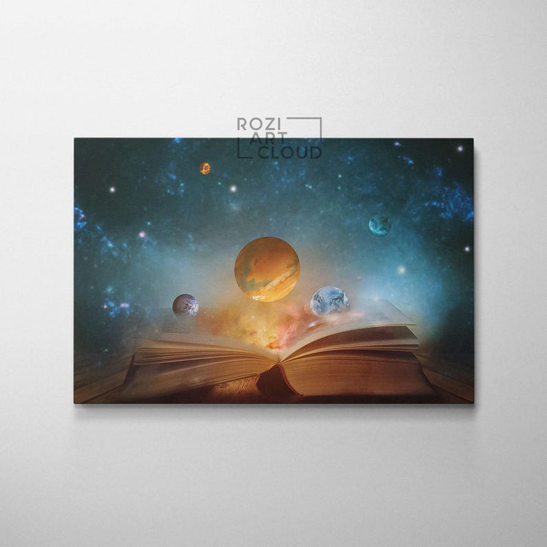 Knowledge magic book wall art, ready book lover space large wall art for living room, galaxy canvas prints, stars artwork