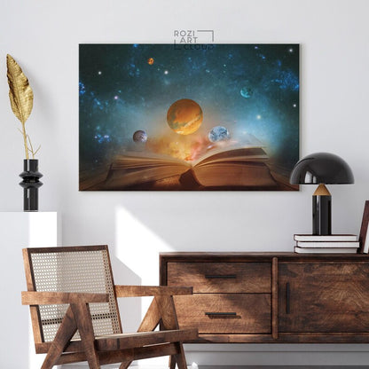 Knowledge magic book wall art, ready book lover space large wall art for living room, galaxy canvas prints, stars artwork