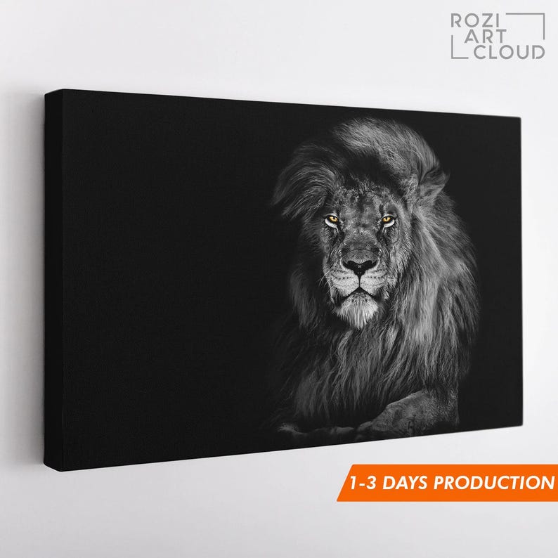 Lion wall art, black canvas print, elegant room decor, animal art print, modern wall art for living room, best friend gifts
