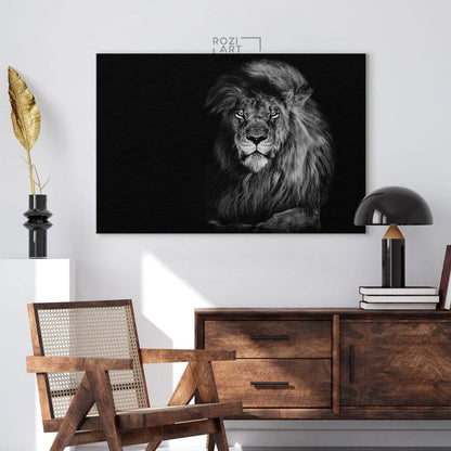 Lion wall art, black canvas print, elegant room decor, animal art print, modern wall art for living room, best friend gifts