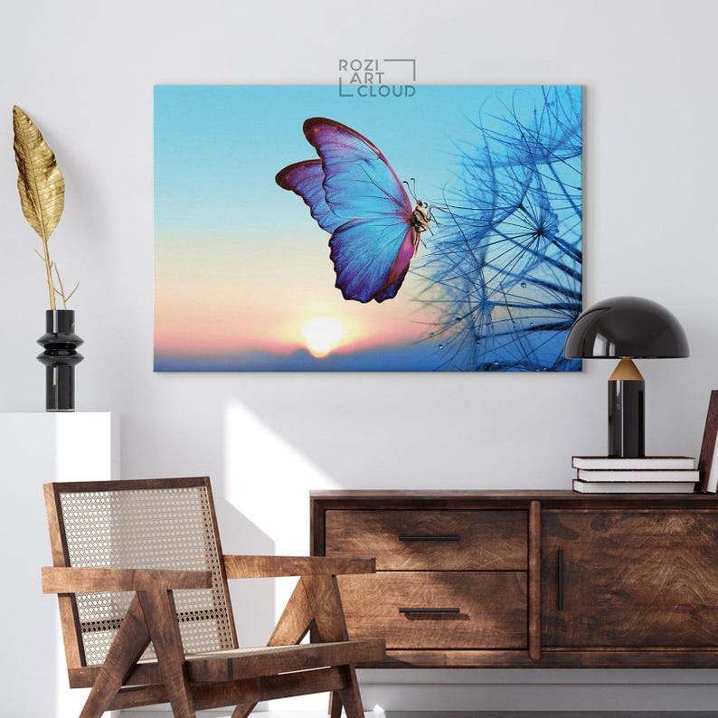 Butterfly wall art, sunset canvas print, nature poster decor, insect decor printable