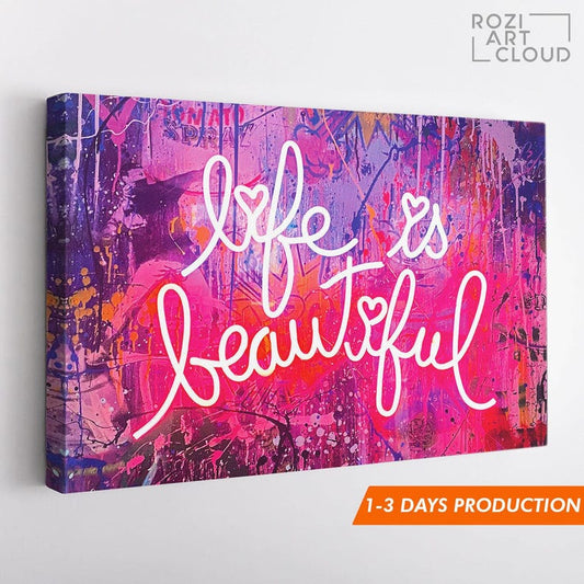 Banksy colorful artwork for home, life is beautiful quote print, painting on canvas, modern office decor, high quality art prints