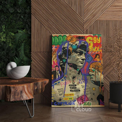 David statue renaissance by michelangelo, trendy graffiti street art, modern retro framed canvas print art, vintage banksy style