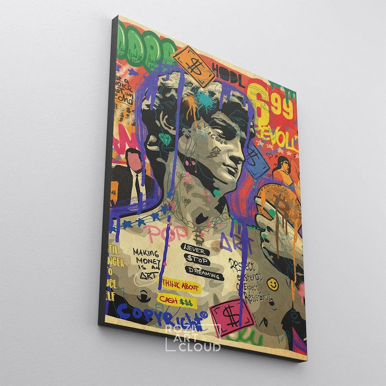 David statue renaissance by michelangelo, trendy graffiti street art, modern retro framed canvas print art, vintage banksy style