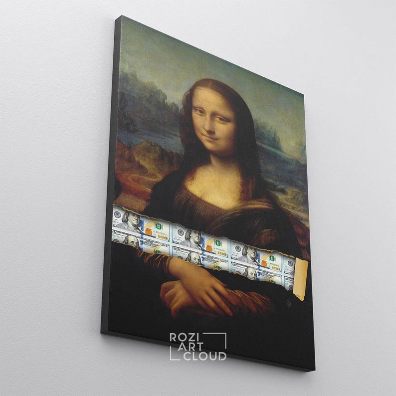 Mona lisa dollar pop art, street art canvas, modern mid century modern poster, framed canvas print for wall decor, man cave artwork