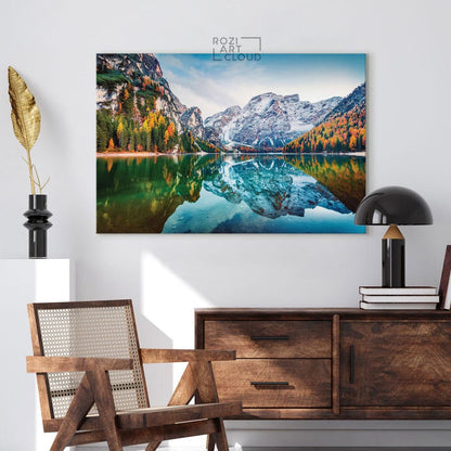 Mountain wall decor, autumn landscape canvas, italy nature art prints, modern contemporary living room decor, lake house decor