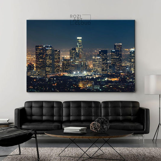 Los angeles skyline wall print for living room, california canvas art, city poster prints, night lights canvas, landscape prints