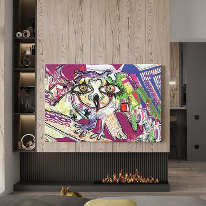 Owl abstract wall art, colorful canvas print, futuristic art print, large modern art, wall decor living room, best friend gifts