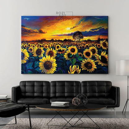 Sunflower decor wall art, sunset art poster, landscape artwork, nature lover gift, large canvas wall art