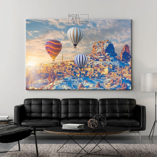 Hot air balloon wall art, sunset art print, large architecture canvas, turkey art prints, bedroom framed art