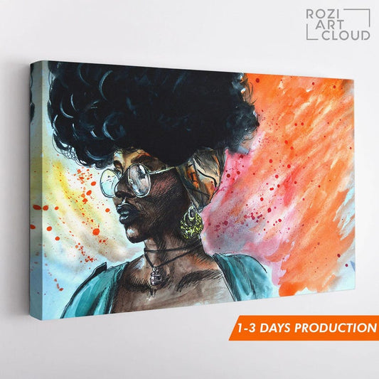 African american black woman wall art, modern extra large abstract colorful canvas poster prints, elegant living room design, modern luxury
