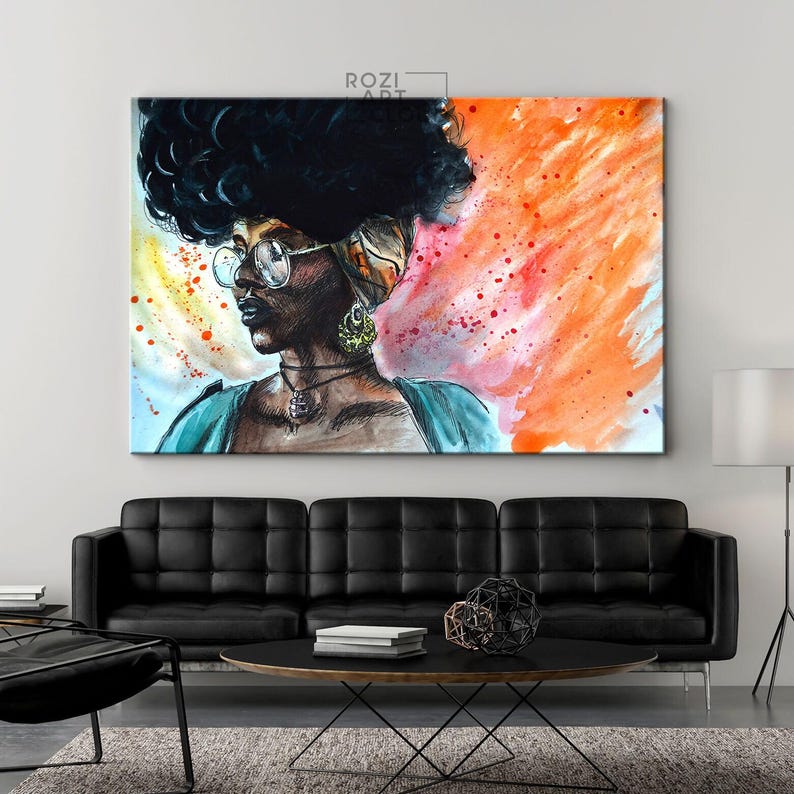 African american black woman wall art, modern extra large abstract colorful canvas poster prints, elegant living room design, modern luxury