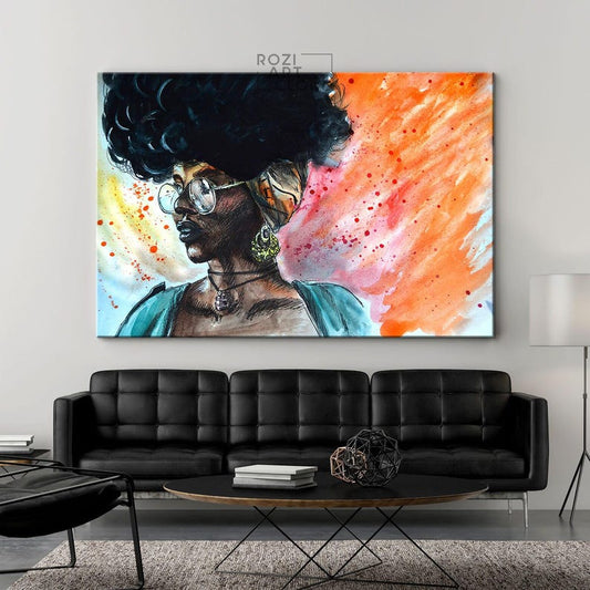 African american black woman wall art, modern extra large abstract colorful canvas poster prints, elegant living room design, modern luxury