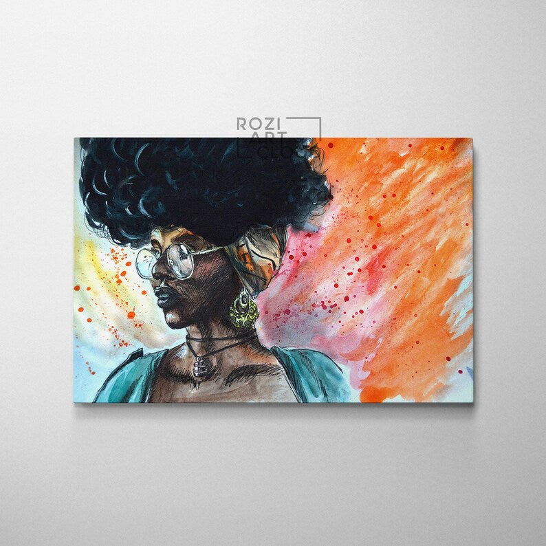 African american black woman wall art, modern extra large abstract colorful canvas poster prints, elegant living room design, modern luxury