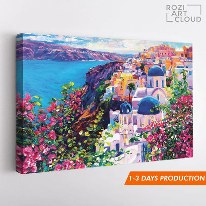 Santorini wall art, painting on canvas, greece modern wall art for living room, contemporary canvas, luxury wall prints, home gift
