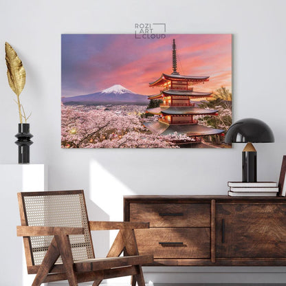Fuji mountain wall art, japan art prints, cherry blossom canvas, contemporary house interior decor, large modern art, spring decor