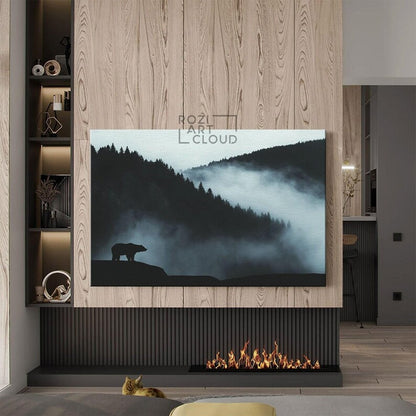Misty mountain forest bear wall art canvas print, animal nature scene in black and white, modern decor for living room & office