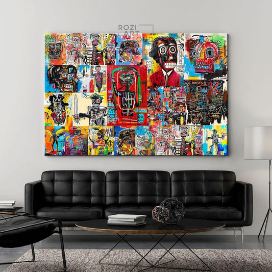 Basquiat canvas print poster, jean michel basquiat, modern collage wall art, street art graffiti wall decor, colorful canvas decor