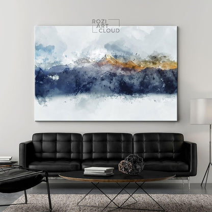 Minimalist Abstract Wall Art, Mountain Landscape Framed Canvas Print, Blue and Gold Watercolour Style for Living Room, Nature Painting Print
